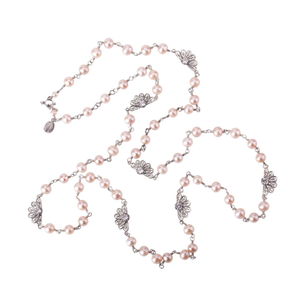 ZINNIA FLOWER LONG NECKLACE - PINK PEARLS